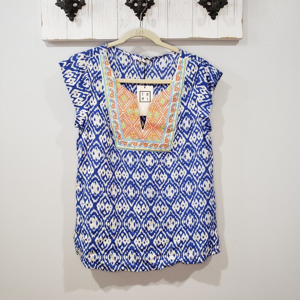 THML Blue Ikat Embroidered Flutter Sleeve Blouse NWT Medium